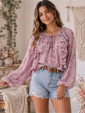 ANN TAYLOR Floral Tie-Neck Peak Hole Ruffle Popover Boho Tunic Blouse Size Large